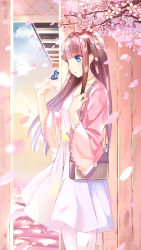 Rule 34 | 1girl, bag, blue eyes, blush, brown hair, bug, butterfly, butterfly on hand, cardigan, cherry blossoms, cloud, cloudy sky, dress, hand up, hands up, insect, light smile, long hair, looking at another, original, outdoors, pantyhose, parted lips, satchel, sky, skybuster, smile, solo, standing, white dress, white pantyhose