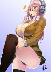 Rule 34 | 1girl, ^^^, black thighhighs, blue panties, blush, breasts, cleavage, cosplay, glasses, gradient background, headphones, huge breasts, long hair, mouth hold, nitroplus, no bra, open clothes, panties, pink hair, prison school, red eyes, shiraki meiko (cosplay), signature, simple background, skirt, solo, super sonico, thighhighs, thighhighs pull, underwear, uo denim