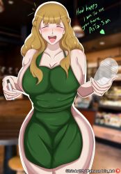 Rule 34 | 1girl, absurdres, apron, bare shoulders, black clover, blush, breasts, closed eyes, green apron, highres, iris art, large breasts, long hair, mimosa vermillion, open mouth, orange hair, pen, smile, starbucks, tagme