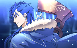 Rule 34 | 1boy, blue hair, cape, caster (fate/grand order), cu chulainn (fate), cu chulainn (caster) (fate), fate/grand order, fate (series), kon manatsu, cu chulainn (fate/stay night), long hair, male focus, ponytail, purple eyes, solo, staff