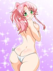 Rule 34 | 1girl, ass, back, backboob, bare arms, bare back, blush, breasts, butt crack, covering privates, covering breasts, curvy, embarrassed, gradient background, green eyes, highres, hip focus, inabakun00, large breasts, long hair, looking at viewer, looking back, original, pink hair, ponytail, purple background, rio (inaba), smile, solo, sparkle, sparkle background, standing, thick thighs, thighs, topless, wide hips