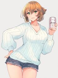 Rule 34 | 1girl, breasts, brown hair, can, casual, collarbone, denim, denim shorts, flipped hair, green eyes, grin, hand on own hip, highres, holding, holding can, kantai collection, kasumi (skchkko), large breasts, looking at viewer, mutsu (kancolle), short hair, shorts, simple background, smile, solo, sweater, white background, white sweater