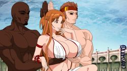 Rule 34 | 1girl, 2boys, agil, alternate breast size, aphrodite (shuumatsu no valkyrie), aphrodite (shuumatsu no valkyrie) (cosplay), arm up, arms up, asuna (sao), bald, bandana, beard, blue sky, bra, braid, breast hold, breasts, brown eyes, brown hair, closed mouth, cloud, cloudy sky, collarbone, cosplay, dark-skinned male, dark skin, day, facial hair, hair over shoulder, hand up, highres, huge breasts, klein (sao), large breasts, light smile, long hair, meme, multiple boys, muscular, muscular male, navel, no eyes, outdoors, parody, red bandana, servants holding aphrodite&#039;s breasts (meme), short hair, shuumatsu no valkyrie, sideboob, sitting, sky, smile, stomach, sword art online, underwear, upper body, white bra