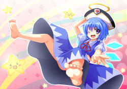 Rule 34 | 1girl, bad feet, barefoot, blue eyes, blue hair, blush, bow, cirno, dress, feet, foreshortening, halo, hat, matching hair/eyes, one eye closed, open mouth, ryosios, short hair, smile, soles, solo, star (symbol), toes, touhou, wings, wink