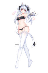 Rule 34 | 1girl, :q, animal ears, armpit crease, bandeau, bare shoulders, bell, bikini, black bikini, bow, breasts, cameltoe, cat ears, cat girl, cat tail, cleavage, closed mouth, crossed legs, cup, elbow gloves, elsword, eve (elsword), full body, garter straps, gloves, groin, hair bow, hand up, heart, heart-shaped pupils, highres, holding, jingle bell, kemonomimi mode, long hair, looking at viewer, lowleg, lowleg bikini, maid, maid bikini, maid headdress, mal poi, medium breasts, navel, no shoes, red eyes, simple background, smile, solo, standing, stomach, strapless, strapless bikini, string bikini, swimsuit, symbol-shaped pupils, tail, tail bow, tail ornament, teacup, teapot, thighhighs, thighs, tongue, tongue out, tray, twintails, unconventional maid, watson cross, white background, white gloves, white hair, white thighhighs