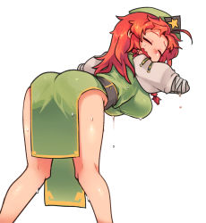 Rule 34 | 1girl, amputee, ass, bandaged arm, bandages, bare legs, belt, bent over, beret, black belt, braid, breasts, closed eyes, commentary, double amputee, dress, fang, feet out of frame, from behind, green dress, green hat, hat, highres, hong meiling, large breasts, long hair, looking back, nyong nyong, open mouth, pelvic curtain, puffy short sleeves, puffy sleeves, red hair, shirt, short sleeves, side slit, simple background, skin fang, solo, standing, star (symbol), sweat, thighs, touhou, white background, white shirt