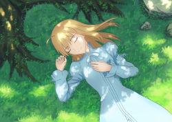 Rule 34 | 1girl, ahoge, artoria pendragon (all), artoria pendragon (fate), bad id, bad pixiv id, blonde hair, dappled sunlight, fate/stay night, fate (series), fateline alpha, grass, highres, long hair, lying, official alternate costume, on back, plant roots, rock, saber (fate), sleeping, smile, solo, sunlight, tree shade