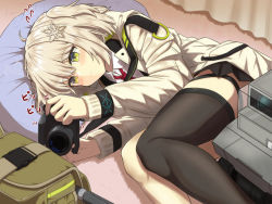 Rule 34 | 1girl, ahoge, arknights, black thighhighs, brown jacket, camera, closed mouth, collared shirt, commentary request, drone, dslr, green eyes, hair ornament, holding, holding camera, indoors, infection monitor (arknights), jacket, lens (arknights), light brown hair, long sleeves, lying, necktie, on side, open clothes, open jacket, red necktie, scene (arknights), shironekoban, shirt, short hair, single thighhigh, solo, thighhighs, white shirt