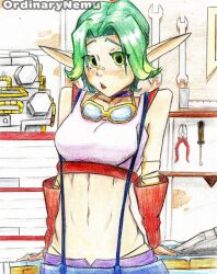 Rule 34 | 1girl, arm support, arms behind back, artist name, breasts, elf, green eyes, green hair, jak and daxter, keira hagai, large breasts, midriff, naughty dog, navel, pants, parted lips, pointy ears, red lips, short hair, solo, sony, suspenders, tank top, thong, toned, traditional media
