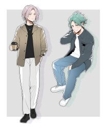 2boys black_footwear black_jacket black_shirt blue_pants blush brown_jacket btpb0912 closed_mouth commentary_request cup disposable_coffee_cup disposable_cup drink etra-chan_wa_mita! full_body green_eyes green_hair hand_in_pocket highres hiiragi_(etra-chan_wa_mita!) holding holding_cup holding_drink invisible_chair jacket long_sleeves male_focus multiple_boys open_clothes open_jacket pants purple_hair shirt shoes short_hair sitting smile sneakers spiked_hair standing t-shirt tokusa_(etra-chan_wa_mita!) white_footwear white_pants