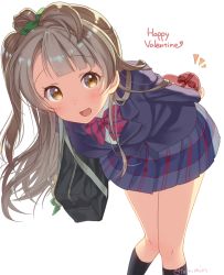 Rule 34 | 10s, 1girl, :d, bag, bag charm, blazer, bow, bowtie, box, brown eyes, brown hair, charm (object), foreshortening, green bow, grey hair, hair bow, happy valentine, heart-shaped box, highres, holding, holding behind back, jacket, knees together feet apart, leaning forward, legs together, long hair, long sleeves, looking at viewer, love live!, love live! school idol project, minami kotori, miniskirt, one side up, open mouth, school bag, side ponytail, simple background, skirt, smile, solo, striped bow, striped bowtie, striped clothes, striped neckwear, tomiwo, twitter username, uniform, valentine, white background, yellow eyes