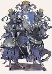 1boy 1other ahoge alain_(unicorn_overlord) armor barding blue_hair crest family_crest grey_background hair_between_eyes herheim highres holding holding_shield holding_sword holding_weapon horseback_riding looking_at_viewer parted_bangs riding shield short_hair smile solo sword unicorn unicorn_overlord weapon yellow_eyes