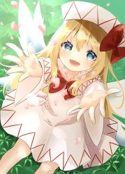 Rule 34 | 1girl, :d, blonde hair, blue eyes, bow, bowtie, commentary request, dress, fairy wings, foreshortening, from above, hair between eyes, hat, highres, kamachi (kamati0maru), lily white, long hair, looking at viewer, on grass, on ground, open mouth, outstretched arms, outstretched legs, petals, pink dress, reaching, reaching towards viewer, red bow, red bowtie, sitting, smile, solo, touhou, white hat, wings