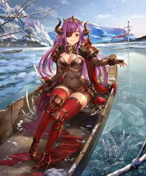 Rule 34 | 1girl, 77gl, armor, armored dress, bad id, bad pixiv id, boat, breasts, cleavage cutout, clothing cutout, cygames, day, demon horns, eyepatch, facing viewer, fingerless gloves, full body, gloves, high heels, horns, large breasts, laura (shadowverse), long hair, looking at viewer, mountainous horizon, official art, outdoors, purple hair, red eyes, red thighhighs, shingeki no bahamut, shoulder armor, solo, sword, thighhighs, water, watercraft, weapon