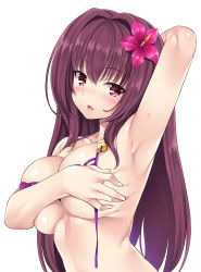Rule 34 | 1girl, arm up, armpits, bikini, blush, collarbone, covering privates, covering chest, fate/grand order, fate (series), flower, hair flower, hair ornament, highres, long hair, looking at viewer, mizuhara yuu, open mouth, purple bikini, purple eyes, purple flower, purple hair, scathach (fate), scathach (fate/grand order), scathach (swimsuit assassin) (fate), simple background, solo, swimsuit, untied bikini, upper body, white background