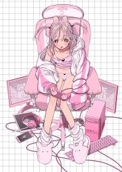 Rule 34 | 1girl, absurdres, cable, candy, chair, computer, controller, food, full body, game controller, gaming chair, headphones, highres, jacket, computer keyboard, lollipop, looking at viewer, loose socks, medium hair, monitor, multiple monitors, open clothes, open jacket, open mouth, original, panties, phone, pink eyes, pink hair, pink shirt, shirt, sitting, socks, solo, swivel chair, tablet pc, two side up, underwear, wata kinoshi