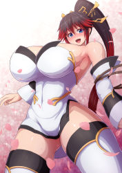 Rule 34 | 1girl, black hair, blush, breasts, cherry blossoms, detached sleeves, dress, hair ornament, high ponytail, highres, huge breasts, long hair, looking at viewer, multicolored hair, nanbu kaguya, no gloves, petals, ponponmaru, red eyes, solo, strapless, strapless dress, super robot wars, super robot wars og saga mugen no frontier, sweat, very long hair, white legwear