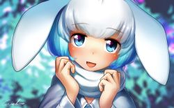 Rule 34 | 10s, 1girl, :d, animal ears, beluga whale (kemono friends) (stylecase), blue eyes, blue hair, blurry, blurry background, blush, commentary request, dot nose, fang, head tilt, kemono friends, looking at viewer, multicolored eyes, multicolored hair, open mouth, original, rabbit ears, scarf, short hair, signature, smile, solo, two-tone hair, upper body, welt (kinsei koutenkyoku), white hair