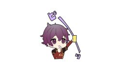 Rule 34 | 1boy, black jacket, blue lock, card, character request, chibi, cropped torso, eyebrows hidden by hair, hair between eyes, holding, holding card, holding whistle, jacket, layered sleeves, long sleeves, male focus, omuretsu, open clothes, open jacket, purple eyes, purple hair, red shirt, shirt, short over long sleeves, short sleeves, simple background, solo, thick eyebrows, upper body, whistle, whistle around neck, white background, yellow card