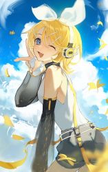 Rule 34 | bare shoulders, belt, blonde hair, blouse, blue eyes, bow, cloud, cloudy sky, cowboy shot, day, detached sleeves, elbow gloves, falling leaves, fang, fingerless gloves, from side, gloves, grey shorts, hair bow, hand up, headphones, highres, kagamine rin, kagamine rin (append), leaf, leaning forward, open mouth, outdoors, pendant choker, see-through, see-through sleeves, shirt, short hair, shorts, skin fang, sky, sleeveless, sleeveless shirt, smile, treble clef, twisted torso, v, vocaloid, vocaloid append, white bow, white gloves, white shirt, yellow leaves, zeriko