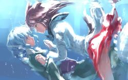 Rule 34 | 2girls, animal ears, blue eyes, blue hair, brown eyes, brown hair, dress, drill hair, ebizome, face-to-face, fins, green dress, head fins, holding hands, imaizumi kagerou, japanese clothes, long hair, long sleeves, looking at another, md5 mismatch, mermaid, monster girl, multiple girls, resized, short hair, smile, tail, touhou, underwater, wakasagihime, water, wide sleeves, wolf ears, wolf tail, yuri