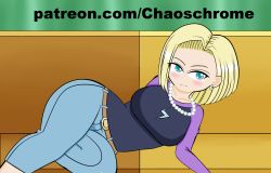 Rule 34 | 1girl, android 18, belt, black shirt, blonde hair, blue eyes, breasts, chaoschrome, collarbone, couch, denim, dragon ball, dragon ball super, earrings, highres, jeans, jewelry, long sleeves, pants, shirt, short hair, solo