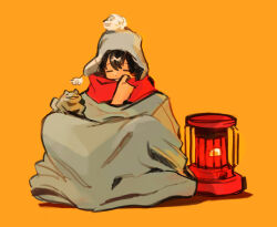 Rule 34 | 1girl, animal, asui tsuyu, black hair, blanket, boku no hero academia, closed eyes, closed mouth, commentary, english commentary, fenkko, frog, full body, grey hat, hat, heater, orange background, red scarf, scarf, simple background, sitting, solo