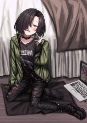 Rule 34 | 1girl, absurdres, band shirt, belt chain, black choker, black hair, black shirt, boots, choker, claw ring, collarbone, computer, cross, cross hair ornament, denim, green hoodie, hair ornament, hand on floor, highres, hood, hoodie, indoors, jeans, laptop, lobsteranian, looking at viewer, merchandise, mole, mole on collarbone, mole under eye, on floor, one eye covered, open clothes, open hoodie, open mouth, original, pantera (band), pants, purple eyes, shirt, short hair, smile, solo, spiked boots, spiked footwear, spiked hood, torn clothes, torn jeans, torn legwear, torn pants