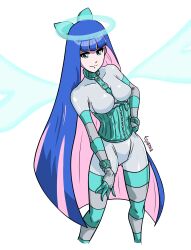 Rule 34 | 1girl, absurdres, angel wings, blue hair, bodysuit, bodysuit under clothes, collar, colored inner hair, commission, corset, cuffs, elbow gloves, gloves, green eyes, hair ribbon, halo, hand on own hip, hand on own thigh, highres, latex, latex bodysuit, long hair, looking at viewer, multicolored hair, panty &amp; stocking with garterbelt, pink hair, ribbon, shiny clothes, signature, skin tight, solo, stocking (psg), striped clothes, striped gloves, striped thighhighs, thighhighs, tiyamamashuu, two-tone hair, variant set, very long hair, white background, white bodysuit, wings