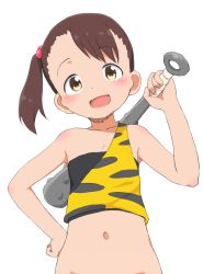 Rule 34 | 10s, 1girl, :d, akamatsu yui, bottomless, brown eyes, brown hair, bubukka, club, club (weapon), commentary request, hand on own hip, head tilt, kanabou, looking at viewer, mitsuboshi colors, navel, open mouth, over shoulder, shirt, side ponytail, simple background, single-shoulder shirt, single bare shoulder, single strap, smile, solo, upper body, weapon, weapon over shoulder, white background