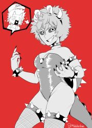 Rule 34 | 1boy, 1girl, ashido mina, black sclera, blush, boku no hero academia, bowsette, bowsette (cosplay), bracelet, breasts, cleavage, colored sclera, cosplay, grin, highres, horns, jewelry, kirishima eijirou, mario, mario (cosplay), mario (series), medium breasts, new super mario bros. u deluxe, nintendo, red background, short hair, simple background, skeletordraws, smile, spiked bracelet, spiked shell, spikes