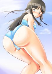 Rule 34 | 1girl, animal ears, ass, bent over, bikini, blue eyes, blush, breasts, brown hair, cameltoe, character request, copyright request, embarrassed, from below, huge ass, long hair, looking at viewer, panties, partially visible vulva, sharp teeth, shiny clothes, shiny skin, solo, sweatdrop, swimsuit, teeth, underwear, very long hair, wet
