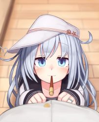 Rule 34 | 1boy, 1girl, admiral (kancolle), blue eyes, blurry, blurry background, blush, flat cap, food, hammer and sickle, hat, heart, heart hair, hibiki (kancolle), highres, jewelry, kantai collection, long hair, long sleeves, mouth hold, out of frame, pocky, pocky day, pov, reitou mikan, ring, sailor collar, school uniform, serafuku, silver hair, star (symbol), verniy (kancolle), wedding band, white headwear