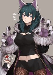 Rule 34 | 1boy, 1girl, :o, absurdres, alternate costume, animal ears, animal hands, black robe, black shirt, black shorts, black vest, blue hair, borrowed clothes, breasts, brown pantyhose, byleth (female) (fire emblem), byleth (fire emblem), commentary, cosplay, fake animal ears, fake tail, fire emblem, fire emblem: three houses, fire emblem awakening, fire emblem heroes, flower, fur-trimmed sleeves, fur trim, gloves, grey background, grima (fire emblem), hair between eyes, hair flower, hair ornament, highres, long hair, long sleeves, looking at viewer, medium breasts, midriff, navel, nintendo, open clothes, open robe, pantyhose, paw gloves, purple eyes, red eyes, red flower, robe, robin (fire emblem), robin (male) (fire emblem), robin (male) (fire emblem) (cosplay), robin (male) (halloween) (fire emblem), shirt, short hair, short shorts, shorts, simple background, sweatdrop, tail, vest, white gloves, white hair, white shirt, wolf ears, wolf tail, zuzu (ywpd8853)