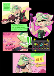 Rule 34 | &gt; &lt;, + +, anger vein, angry, arm grab, black dress, black hair, black jumpsuit, callie (splatoon), closed eyes, comic, commentary, cousins, detached collar, dress, earrings, english text, fangs, flying teardrops, food, food on head, gloves, gomipomi, green legwear, grey hair, hand on own hip, highres, holding, inkling, jewelry, jumpsuit, long hair, marie (splatoon), mask, mole, mole under eye, nintendo, object on head, open mouth, pointy ears, short hair, short jumpsuit, spoilers, squid, squidbeak splatoon, standing, strapless, strapless dress, sunglasses, sushi, sweatdrop, tackle, tears, tentacle hair, white gloves