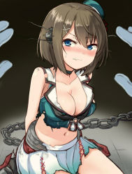 Rule 34 | 10s, 1girl, arms behind back, bad id, bad pixiv id, bare shoulders, beret, blush, breasts, brown hair, burnt clothes, chain, choker, cleavage, clenched teeth, collarbone, crop top, dark room, engiyoshi, gradient skirt, hair ornament, hairclip, hat, headgear, kantai collection, large breasts, looking at viewer, maya (kancolle), midriff, mini hat, neckerchief, pleated skirt, pov, remodel (kantai collection), restrained, sailor collar, short hair, sitting, skirt, sweat, tears, teeth, torn clothes