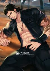 Rule 34 | 1boy, abs, arm tattoo, bara, beard, black hair, black pants, bulge, cuts, facial hair, final fantasy, final fantasy xv, frown, gladiolus amicitia, injury, jacket, jouvru, large pectorals, leather, leather jacket, looking at viewer, male focus, mature male, medium hair, muscular, muscular male, nipples, on floor, one eye closed, paid reward available, pants, pectoral cleavage, pectorals, sideburns, solo, stomach, tattoo, thick thighs, thighs, tight clothes, tight pants