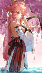Rule 34 | 1girl, absurdres, animal ears, breasts, detached sleeves, earrings, fox ears, genshin impact, hair ornament, hand in own hair, hands up, highres, japanese clothes, jewelry, large breasts, long hair, looking at viewer, low-tied long hair, miko, outdoors, parted lips, partially submerged, pink hair, purple eyes, shirt, skl, sleeveless, sleeveless shirt, smile, solo, tree, vision (genshin impact), water, white shirt, yae miko