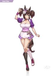Rule 34 | 1girl, adapted costume, alternate costume, animal ears, aqua eyes, black socks, blush, bracelet, breasts, character name, choker, cleavage, closed mouth, commentary request, cowboy shot, dress, enmaided, fox mask, fox shadow puppet, frills, full body, ge (zmq67911029), high heels, horse ears, horse girl, horse tail, inari one (umamusume), jewelry, kneehighs, kouhaku nawa, large breasts, long hair, looking at viewer, maid, maid headdress, mask, mismatched socks, obi, puffy short sleeves, puffy sleeves, purple dress, rope, sash, shimenawa, short sleeves, signature, simple background, smile, socks, solo, tail, thick eyebrows, twintails, umamusume, unconventional maid, white background, white socks
