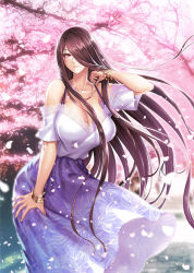 Rule 34 | 1girl, bracelet, breasts, brown hair, cherry blossoms, cleavage, dress, fuuma saika, hair over one eye, huge breasts, jewelry, lilith-soft, necklace, petals, red eyes, smile, solo, tagme, taimanin (series), taimanin asagi, taimanin rpgx, tree, zol