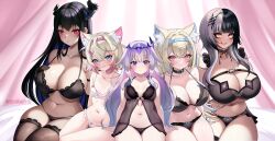 Rule 34 | 5girls, absurdres, animal ear fluff, animal ears, black bra, black collar, black hair, black panties, blonde hair, blue eyes, blue hair, blush, bra, breasts, collar, commentary, dog ears, dog girl, english commentary, fuwawa abyssgard, grey hair, group picture, highres, hololive, hololive english, horns, koseki bijou, large breasts, long hair, mococo abyssgard, multicolored hair, multiple girls, navel, nerissa ravencroft, panties, pink eyes, pink hair, purple eyes, purple hair, shiori novella, short hair, sitting, small breasts, two-tone hair, two side up, underwear, white bra, white panties, xynian arts