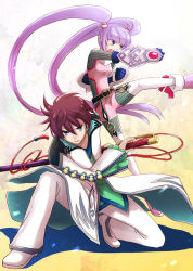 Rule 34 | 1boy, 1girl, a-i-red, asbel lhant, bad id, bad pixiv id, blue eyes, brown hair, fighting stance, gauntlets, gradient background, o-ring, purple eyes, purple hair, ready to draw, sheath, sophie (tales), sword, tales of (series), tales of graces, twintails, weapon, white background, yellow background