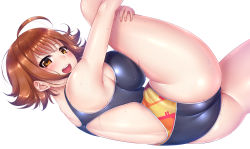 Rule 34 | 1girl, :d, ahoge, armpits, ass, back, back cutout, bare shoulders, blush, breast press, breasts, brown eyes, brown hair, clothing cutout, commentary request, competition swimsuit, from side, gatchu, highres, hugging own legs, idolmaster, idolmaster cinderella girls, large breasts, looking at viewer, looking to the side, nishijima kai, one-piece swimsuit, open mouth, round teeth, short hair, sideboob, simple background, smile, solo, swimsuit, teeth, thighs, white background