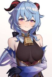 Rule 34 | 1girl, ahoge, bare shoulders, bell, blue hair, blush, bow, breasts, detached sleeves, ganyu (genshin impact), genshin impact, highres, horns, light smile, long hair, looking at viewer, medium breasts, nasioisi i, neck bell, purple eyes, sidelocks, solo, upper body, white background, white sleeves