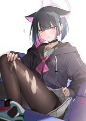 Rule 34 | 1girl, animal ears, black choker, black hair, black jacket, blue archive, blunt bangs, blush, brown pantyhose, choker, clothes lift, colored inner hair, green sailor collar, halo, hand on own knee, highres, hiiragi mikoto, hood, hooded jacket, jacket, kazusa (blue archive), lifted by self, long sleeves, looking at viewer, miniskirt, multicolored hair, neckerchief, pantyhose, pink eyes, pink hair, pink neckerchief, pleated skirt, sailor collar, shoes, short hair, sitting, skirt, skirt lift, sneakers, solo, teeth, thighband pantyhose, torn clothes, torn pantyhose, two-tone hair, white background, white skirt