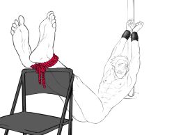 Rule 34 | 1boy, abs, ass, barefoot, booty electric, feet, full body, lying, male focus, nude, persona, piercing, pole, restrained, rope, solo, tagme, tears, toes