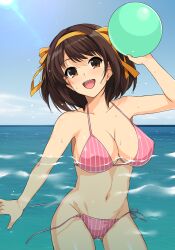 Rule 34 | 1girl, :d, ball, beachball, bikini, blue sky, bob cut, breasts, brown eyes, brown hair, cleavage, collarbone, day, hair ribbon, hairband, haruhisky, highres, holding, holding ball, large breasts, medium hair, navel, ocean, open mouth, partially submerged, pink bikini, ribbon, sky, smile, solo, striped bikini, striped clothes, suzumiya haruhi, suzumiya haruhi no yuuutsu, sweat, swimsuit, teeth, untied bikini, upper teeth only, vertical-striped bikini, vertical-striped clothes, wardrobe malfunction, water, yellow hairband, yellow ribbon