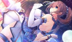 Rule 34 | 1girl, alternate costume, asymmetrical gloves, blue eyes, breasts, commentary request, dutch angle, elbow gloves, flower, gloves, griddle, highres, idolmaster, idolmaster cinderella girls, idolmaster cinderella girls starlight stage, large breasts, long hair, looking away, moon, night, rose, sagisawa fumika, skirt, sky, solo, star (sky), starry sky, tatapopo, uneven gloves