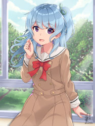 Rule 34 | 1girl, :d, bang dream!, blue hair, brown dress, buttons, clenched hand, commentary request, day, double-breasted, dress, far is a, green ribbon, hair ribbon, hanasakigawa school uniform, hand up, highres, long hair, long sleeves, matsubara kanon, neck ribbon, one side up, open mouth, purple eyes, red ribbon, ribbon, sailor dress, school uniform, signature, sitting in window, smile, solo, twitter username, window