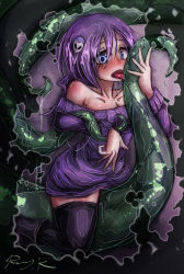 Rule 34 | 1girl, bad id, bare shoulders, black thighhighs, blue eyes, blush, boots, borrowed character, consensual tentacles, dress, hair ornament, highres, lemmy (zone), licking, long hair, original, purple hair, pussy juice, ray-k, skull hair ornament, slime (substance), solo, sweater, sweater dress, tentacle grab, tentacles, thighhighs, tongue, zettai ryouiki, zone-tan